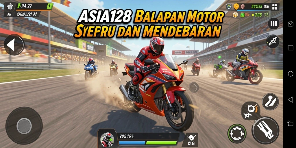 Gameplay mendebarkan pada ASIA128, balapan motor yang seru.