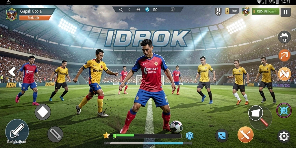 Tampilan gameplay <strong>IDROK</strong> dengan aksi sepak bola intens.
