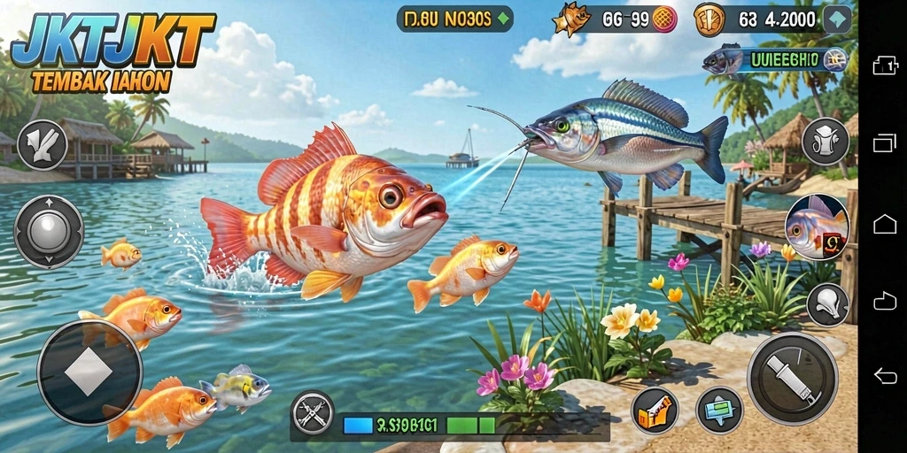Tampilan gameplay JKTJKT menampilkan aksi menembak ikan yang seru.