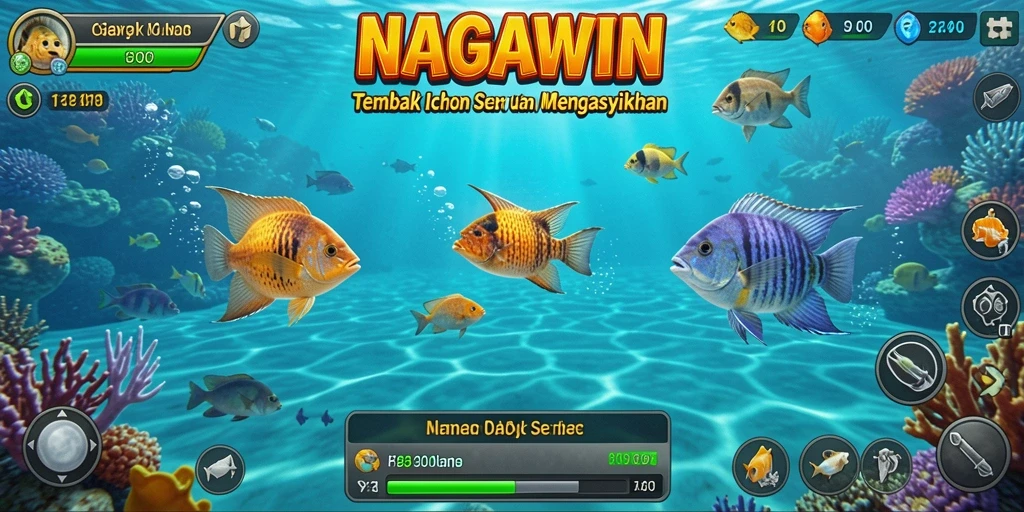 Screenshot menunjukkan gameplay seru NAGAWIN dengan berbagai ikan untuk ditangkap.