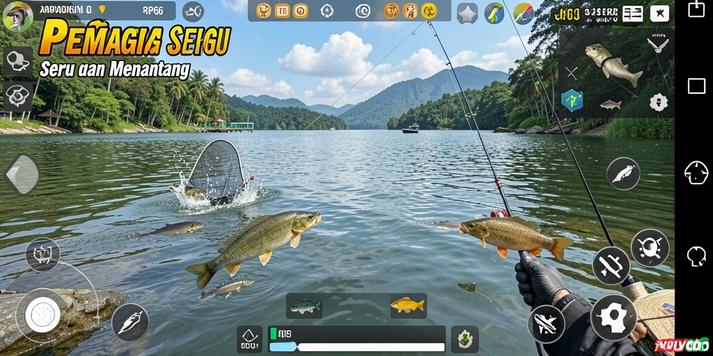 Tampilan gameplay RP66 yang menampilkan aksi memancing seru dengan berbagai spesies ikan.