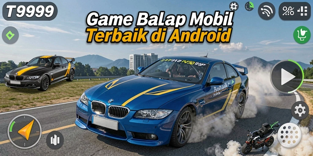 Screenshot gameplay T9999 menampilkan balapan yang mendebarkan dan mobil cepat.