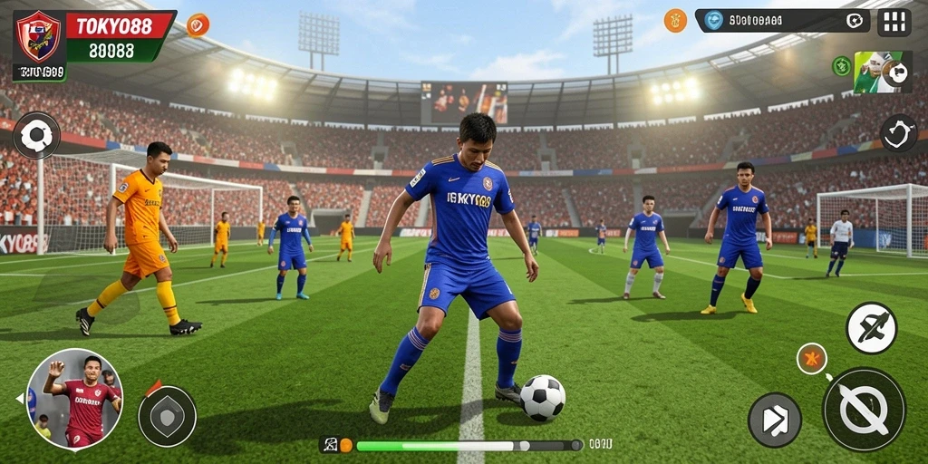 Screenshot gameplay TOKYO88 menampilkan aksi seru di lapangan sepak bola.